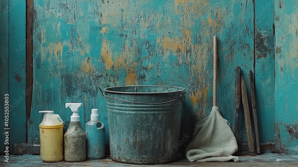 Cleaning supplies and a mop in a wet room during a regular maintenance task Cleaning supplies and a mop in a wet room during a regular maintenance task