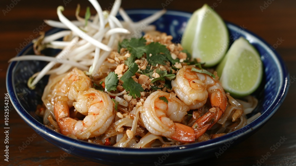 Pad Thai with spicy chili sauce, served on a blue ceramic dish, topped with grilled shrimp, bean sprouts, and cilantro, with a side of lime wedges