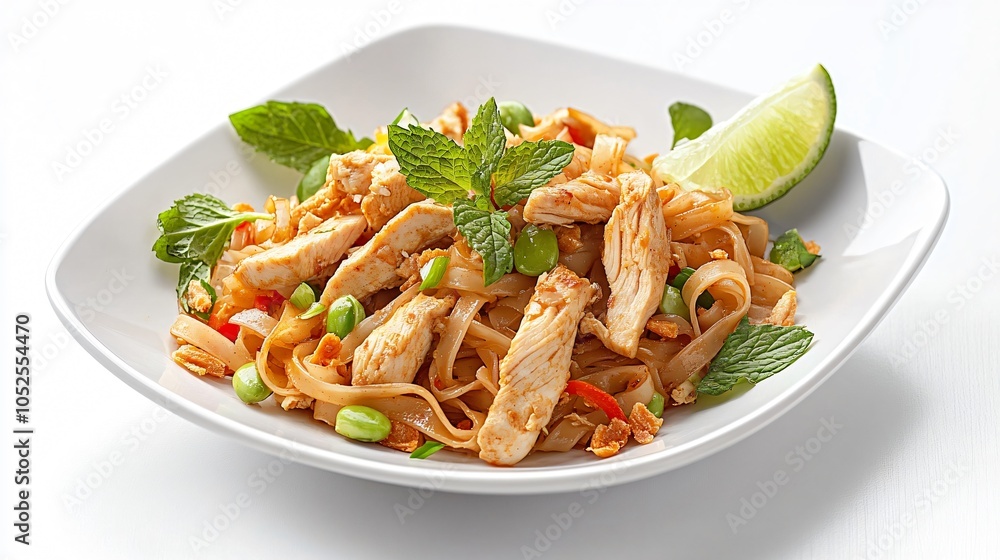 Pad Thai with tender chicken strips, isolated on a white plate, garnished with fried shallots, lime wedges, and fresh mint leaves Pad Thai with tender chicken strips, isolated on a white plate, garnished with fried shallots, lime wedges, and fresh mint leaves