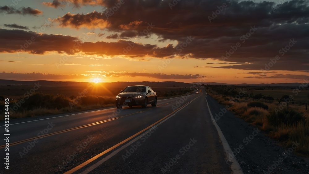 Car driving along a glowing road at sunset. Car driving along a glowing road at sunset.