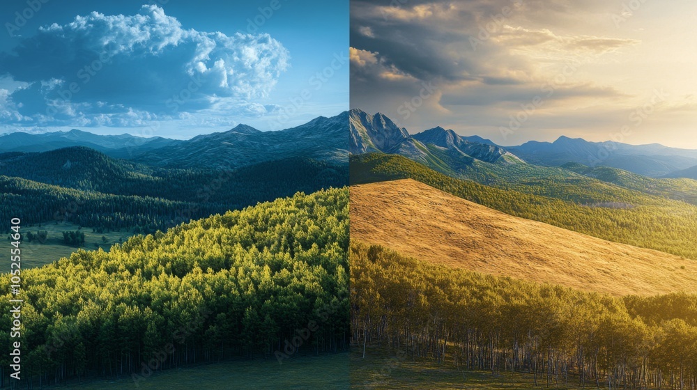 Obraz premium Split Image of a Forest and Mountain Landscape Under Different Skies