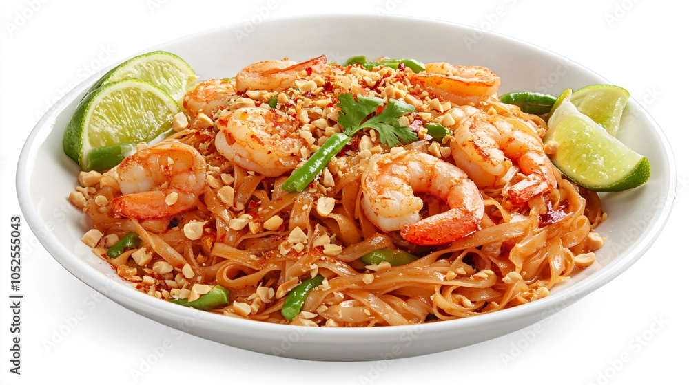 Shrimp Pad Thai with tamarind sauce, isolated on a white porcelain dish, surrounded by lime wedges, chili flakes, and crushed peanuts Shrimp Pad Thai with tamarind sauce, isolated on a white porcelain dish, surrounded by lime wedges, chili flakes, and crushed peanuts