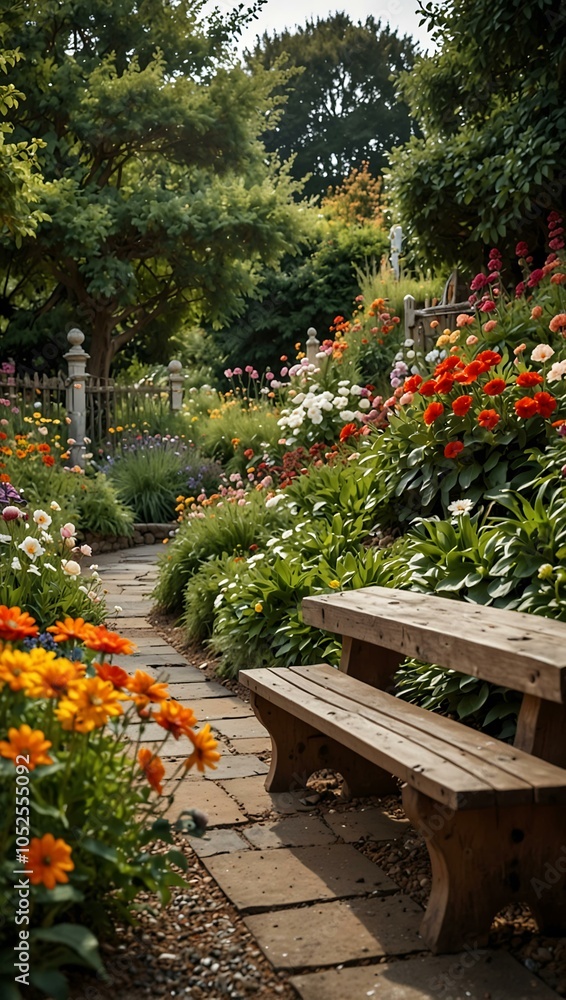 Charming garden filled with flowers and benches. Charming garden filled with flowers and benches.
