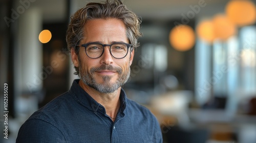 Smartly dressed man with glasses smiles confidently in a modern office setting during daylight hours