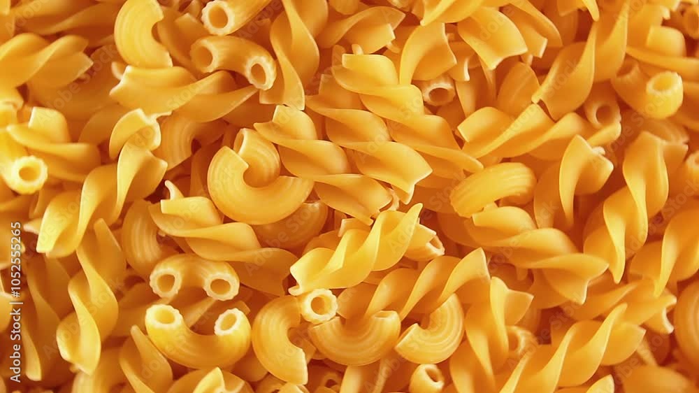 Uncooked Fusilli and Chifferi Rigati Pasta - Top View, Close-Up. Fat and Unhealthy Food. Classic Dry Macaroni, Rotating Background. Raw Different Macaroni Pasta Texture - Rotate Right Uncooked Fusilli and Chifferi Rigati Pasta - Top View, Close-Up. Fat and Unhealthy Food. Classic Dry Macaroni, Rotating Background. Raw Different Macaroni Pasta Texture - Rotate Right