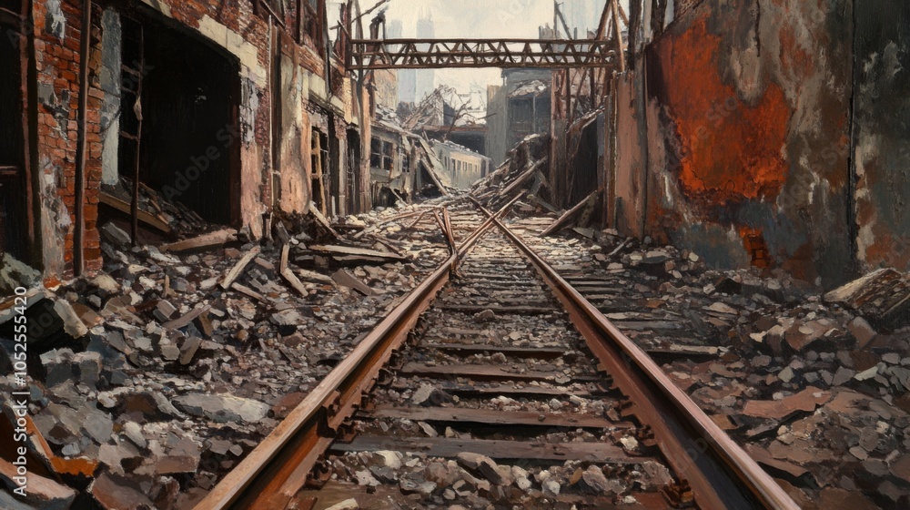 A Desolate Railway Track Through War-Torn Buildings A Desolate Railway Track Through War-Torn Buildings