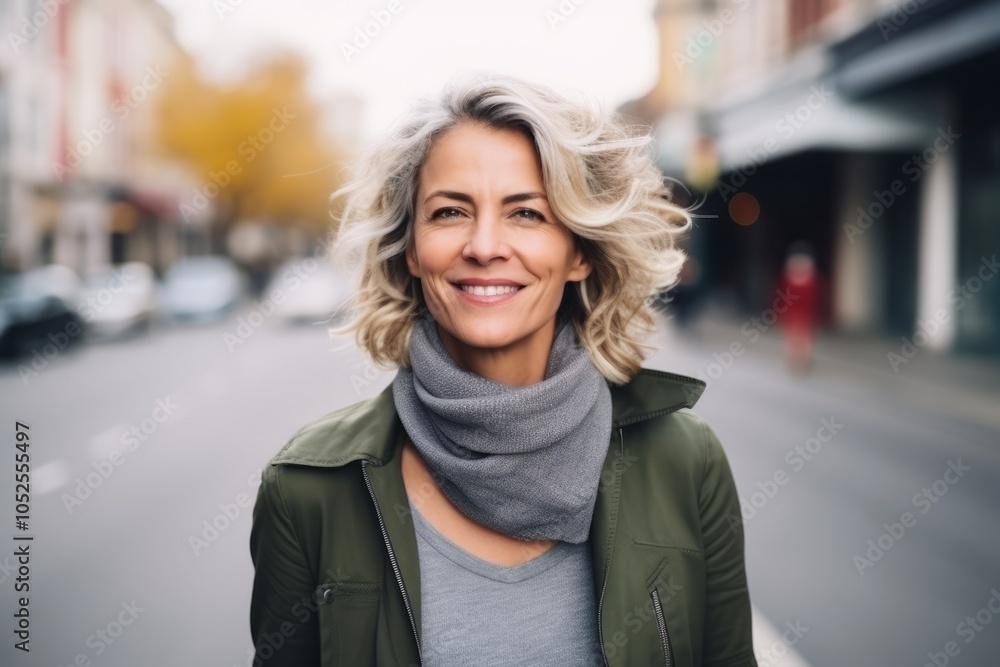Portrait of a smiling middle-aged woman in a city street Portrait of a smiling middle-aged woman in a city street