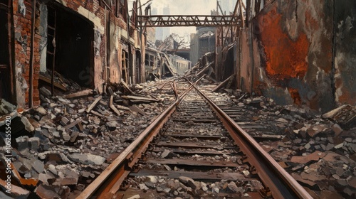 A Desolate Railway Track Through War-Torn Buildings