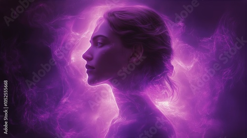 Mystical woman in ethereal purple light with smoky aura