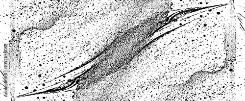 Monochrome texture composed of irregular graphic elements. Distressed uneven grunge background. Abstract vector illustration. Overlay for interesting effect and depth. Isolated on white background.