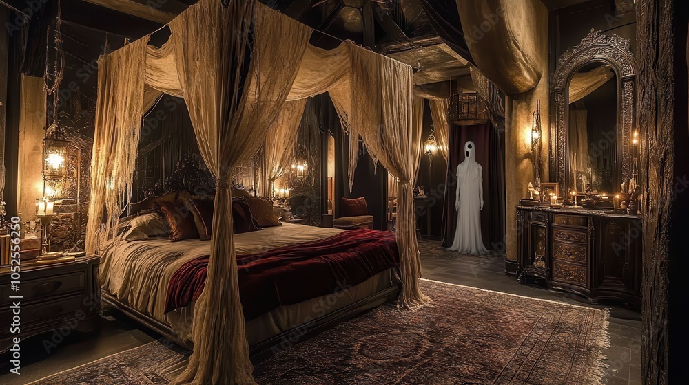 Obraz premium Spooky Bedroom with Canopy Bed and Ghost
