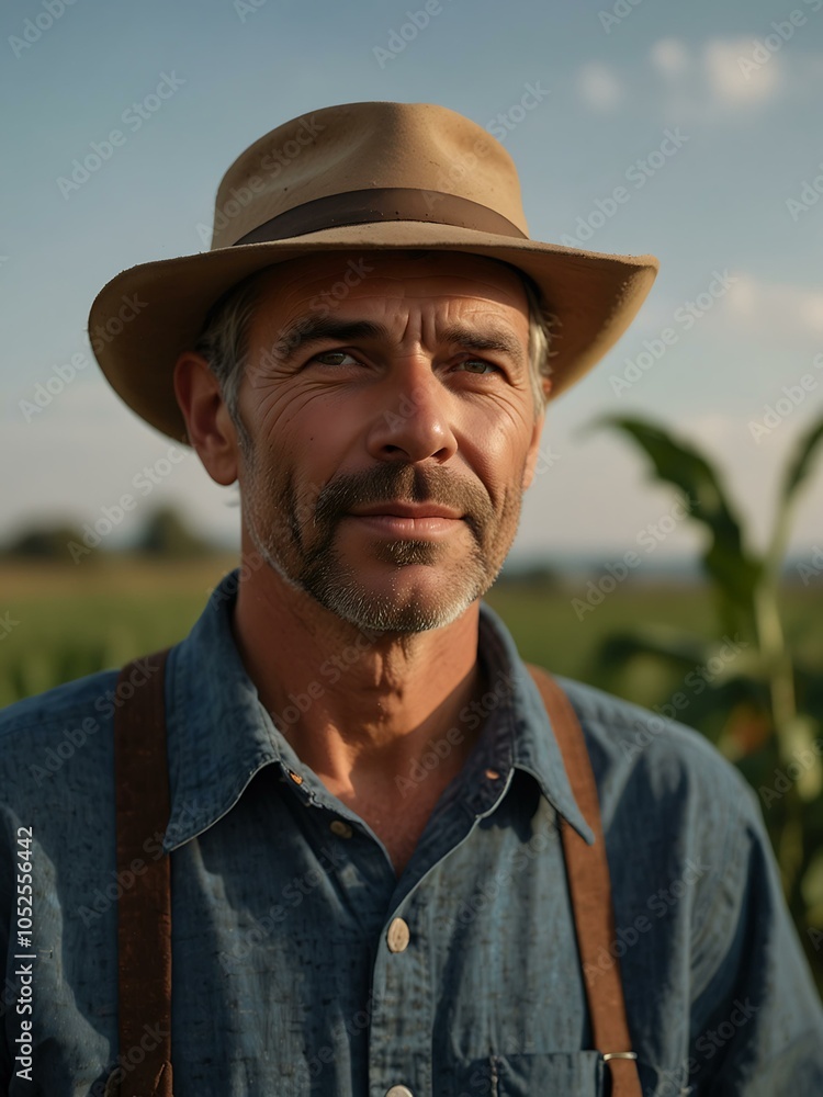 Close-up of a farmer in the field, exuding confidence. Close-up of a farmer in the field, exuding confidence.