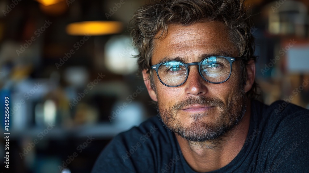 A man with stylish glasses smiling warmly in a cozy coffee shop during the afternoon A man with stylish glasses smiling warmly in a cozy coffee shop during the afternoon