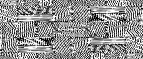 Monochrome texture composed of irregular graphic elements. Distressed uneven grunge background. Abstract vector illustration. Overlay for interesting effect and depth. Isolated on white background.