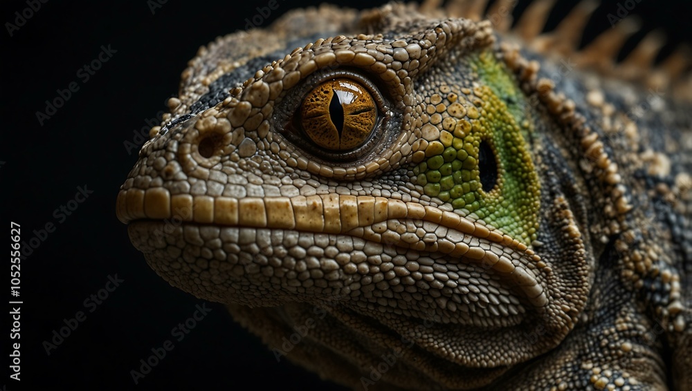 Fototapeta premium Close-up of a lizard's head on a black background.