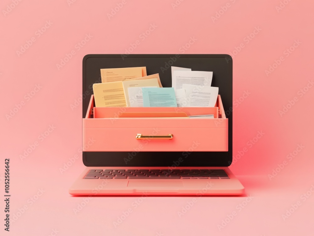 advanced document management , laptop with a drawer filled with document on a peach background. Digital File Organization. advanced document management , laptop with a drawer filled with document on a peach background. Digital File Organization.