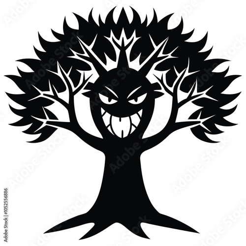 Angry Tree Silhouette with Spiky Leaves and Fierce Expression