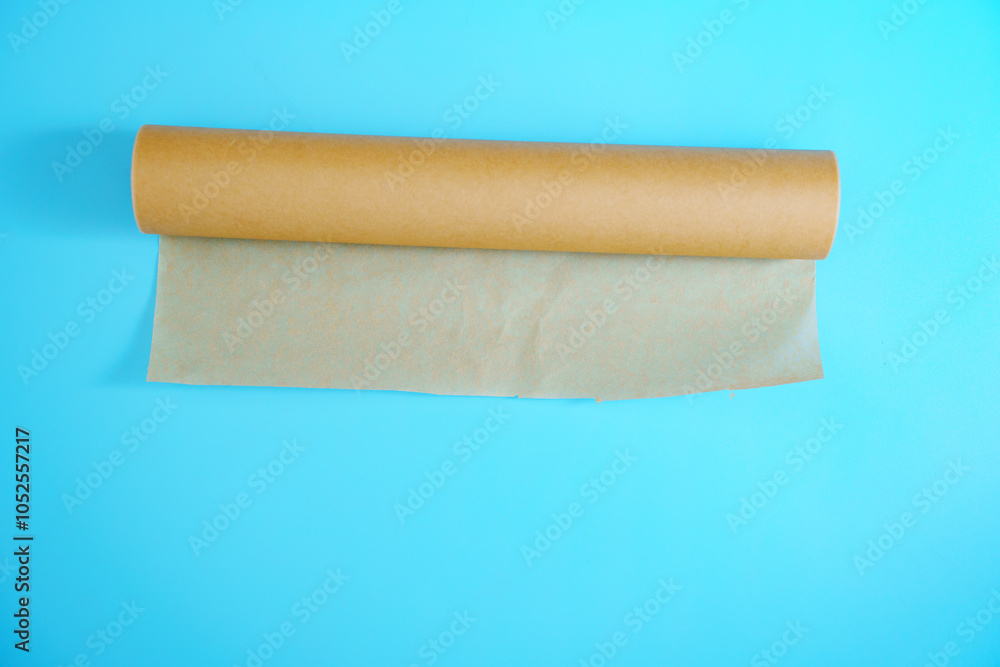 A roll of baking paper on a blue background. tools for baking at home. A roll of baking paper on a blue background. tools for baking at home.