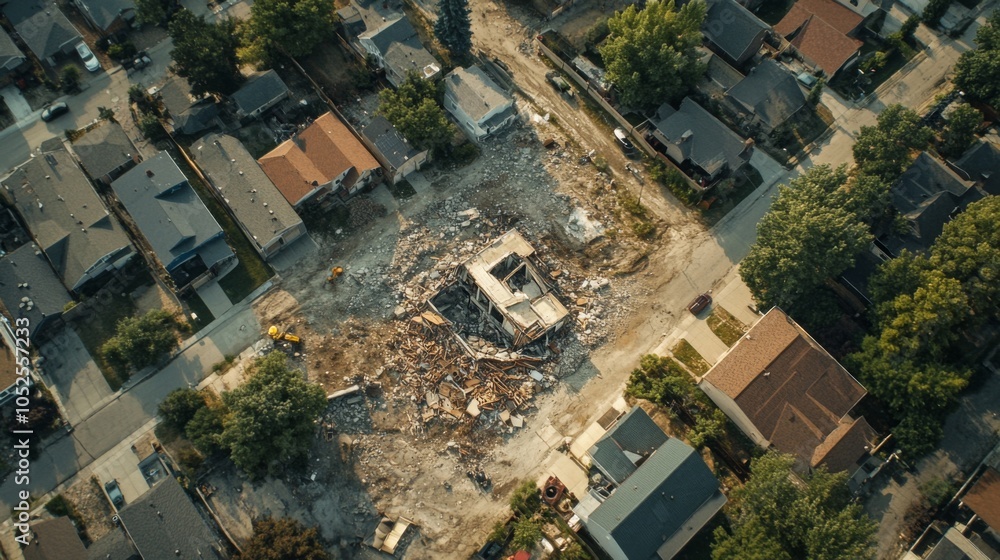 Aerial View of a Demolished House in a Suburban Neighborhood Aerial View of a Demolished House in a Suburban Neighborhood