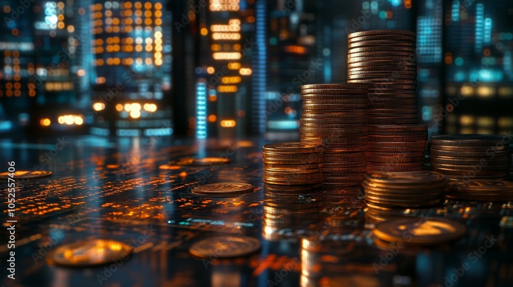 Stacks of coins on a wet surface reflecting colorful lights at night in an urban setting Stacks of coins on a wet surface reflecting colorful lights at night in an urban setting