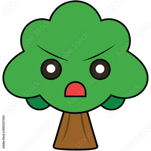 Angry Tree Cartoon Character with Green Leaves and Brown Trunk