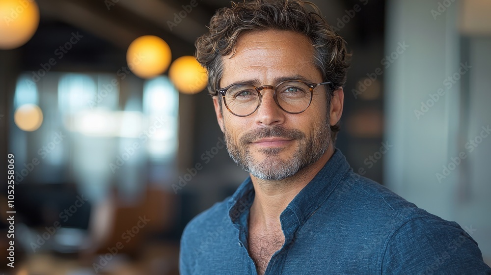 Fototapeta premium A charming man with glasses smiling warmly indoors at a stylish café during the daytime