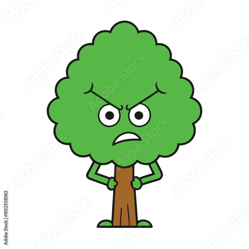 Angry Tree Cartoon Character with Green Leaves