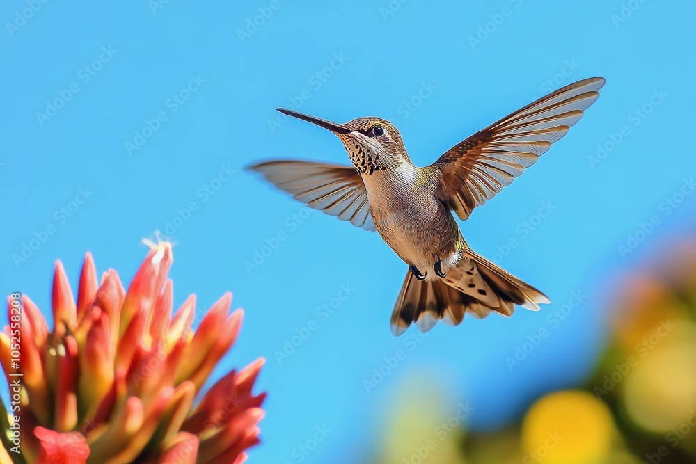 Fototapeta premium Vibrant hummingbird in flight near aloe vera flower a captivating display of nature s colors