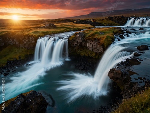 Colorful sunset at Bruarfoss waterfall in Iceland.