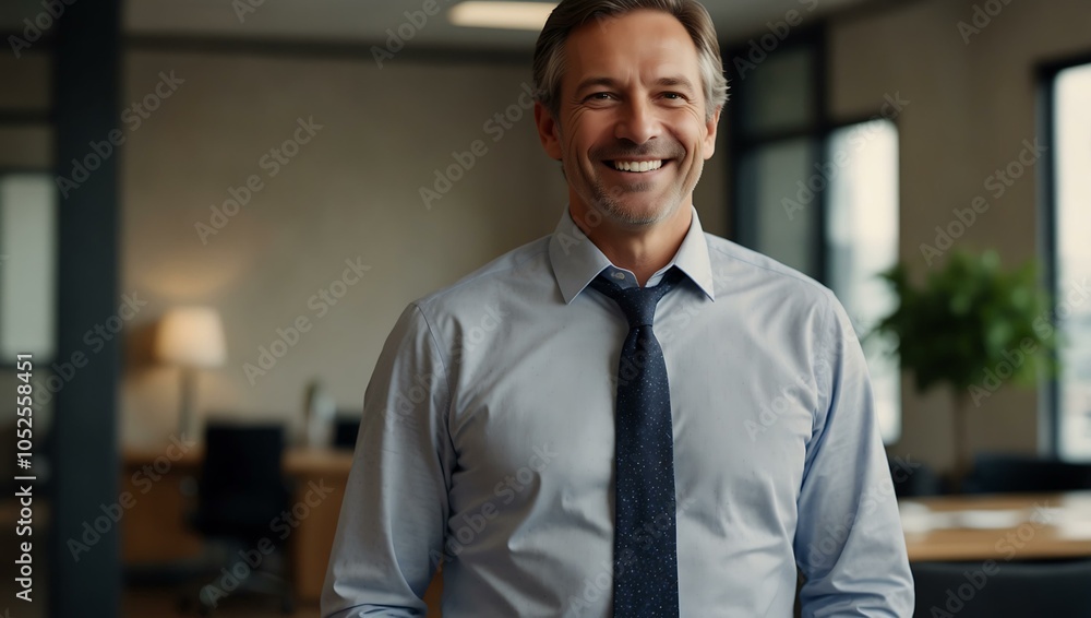 Confident middle-aged businessman smiling in an office setting. Confident middle-aged businessman smiling in an office setting.