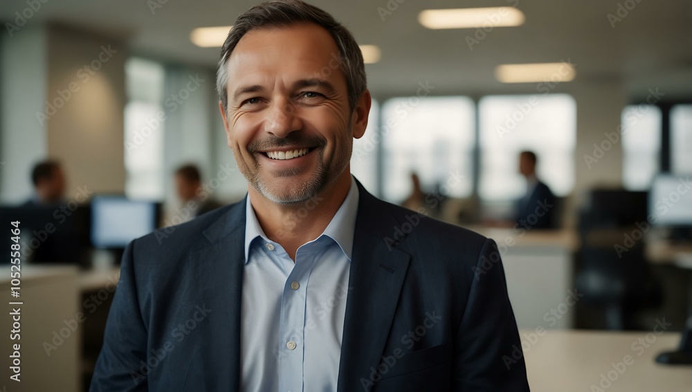Confident middle-aged businessman smiling in an office setting. Confident middle-aged businessman smiling in an office setting.