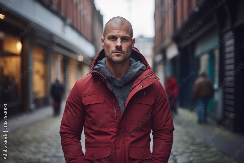 Portrait of a brutal man in a red jacket on the street. Portrait of a brutal man in a red jacket on the street.