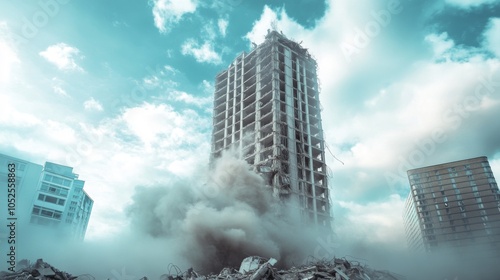 Demolition of a High-Rise Building with Dust and Debris photo