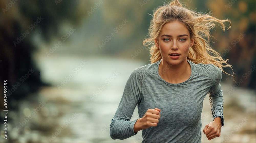 Energetic woman running outdoors by a scenic river on a fall day Energetic woman running outdoors by a scenic river on a fall day