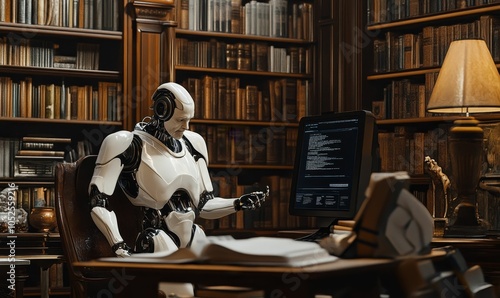 Robot reading code in library chair.