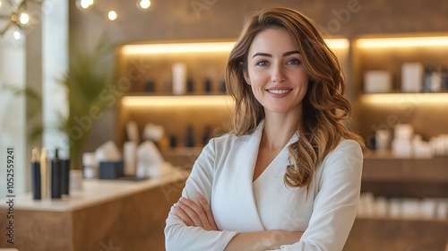 Smiling beauty professional in a contemporary salon, confidently ready to deliver premium beauty treatments in a well-lit, stylish interior