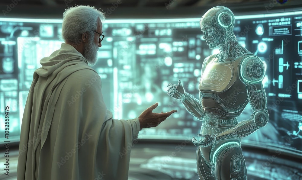 A man meets a robot in a futuristic setting. A man meets a robot in a futuristic setting.