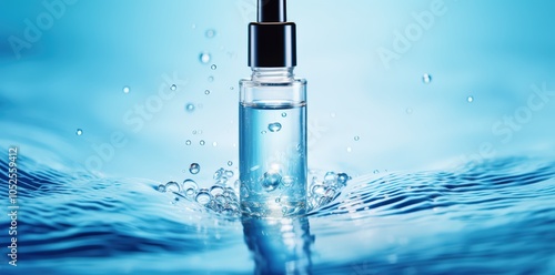 a cosmetic product in a bottle with a pipette, water drops, and splashes on a blue background