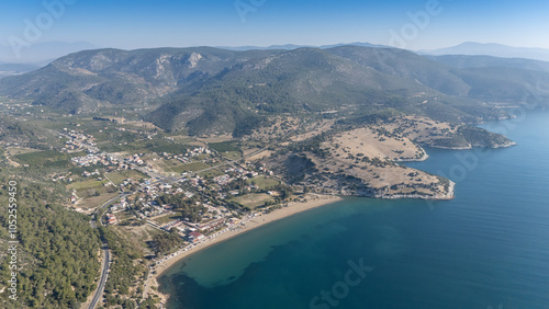 Aerial view over Ahmetbeyli coastal resort town in Menderes district of Izmir province in Turkey. photo