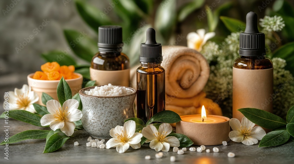 Spa essential oils with candles and flowers for relaxation and wellness Spa essential oils with candles and flowers for relaxation and wellness