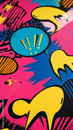 90s pop art with comic-style speech bubbles, lightning bolts, and neon colors like pink, blue, and yellow. Bold black outlines add retro flair. High resolution for sharp lines and vibrant colors.