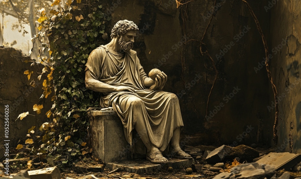 Stone statue of a man holding a sphere, surrounded by Stone statue of a man holding a sphere, surrounded by