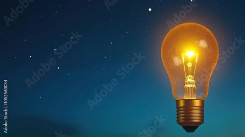 Glowing light bulb against a dark night sky, isolated view.