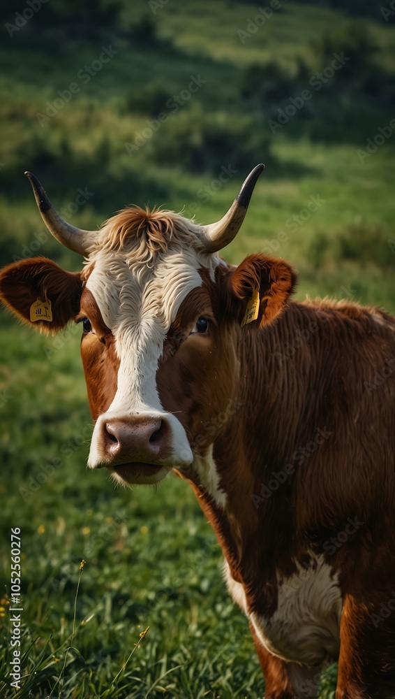 Cow portrait in a green field for desktop wallpaper. Cow portrait in a green field for desktop wallpaper.