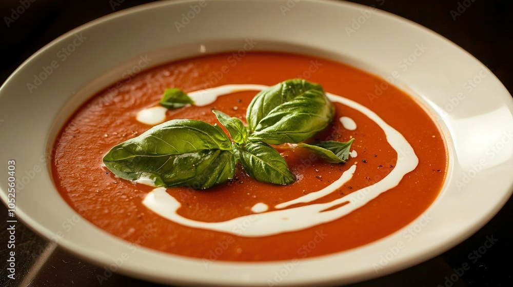 A bowl of creamy tomato soup topped with fresh basil leaves and a drizzle of white sauce A bowl of creamy tomato soup topped with fresh basil leaves and a drizzle of white sauce