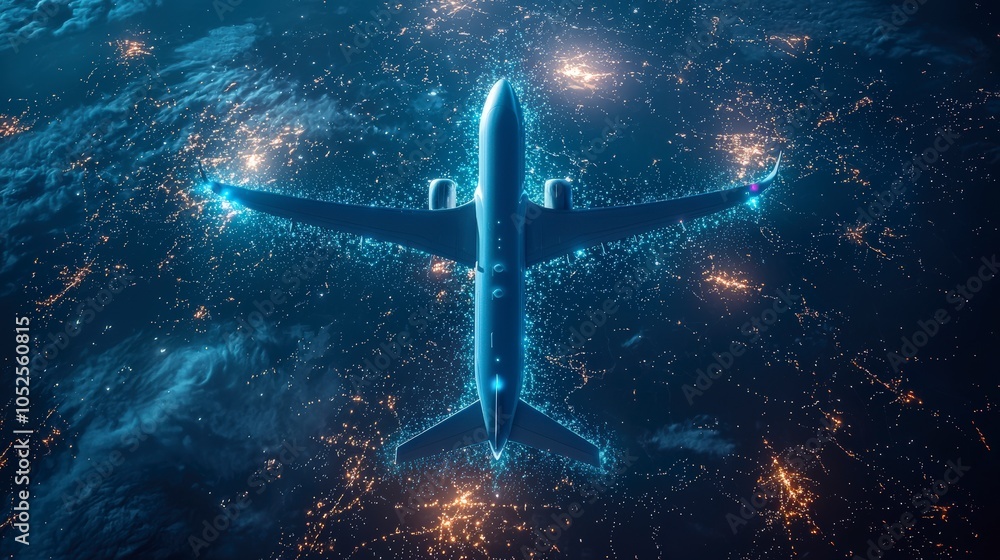 A cutting-edge aircraft moves above a dynamic urban grid illuminated by vibrant lights and atmospheric digital aesthetics, symbolizing innovation and connection. A cutting-edge aircraft moves above a dynamic urban grid illuminated by vibrant lights and atmospheric digital aesthetics, symbolizing innovation and connection.