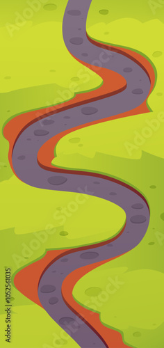Vector illustration of a winding road among green meadows. Level map.