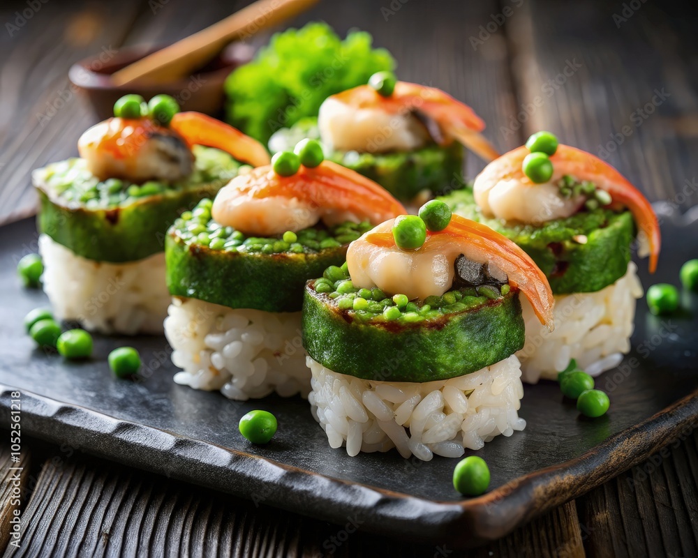 Delicious mushroom shrimp sushi rolls served with peas on a rustic wooden surface. Generative AI Delicious mushroom shrimp sushi rolls served with peas on a rustic wooden surface. Generative AI