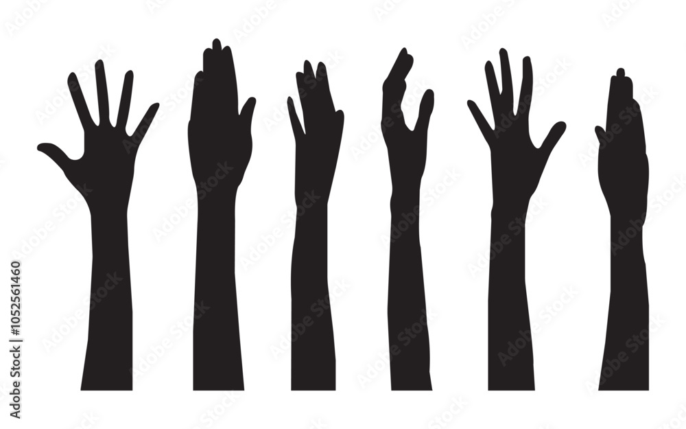 Set of raise hand silhouette icon. hand reaching silhouette, raised hands, unity, crowd, celebration. Hand gestures silhouettes collection. Set of different hand gestures. Set of raise hand silhouette icon. hand reaching silhouette, raised hands, unity, crowd, celebration. Hand gestures silhouettes collection. Set of different hand gestures.