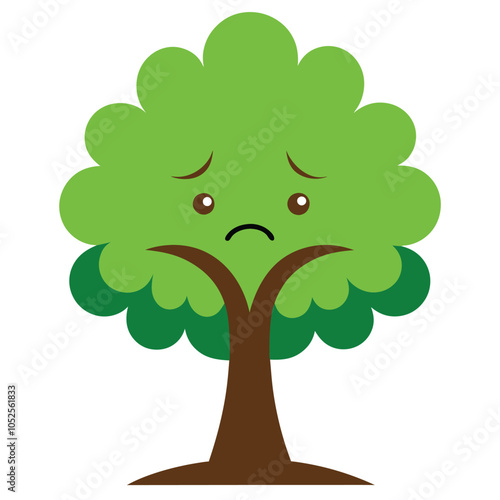 Charming sad tree vector illustration ideal for children's books, eco-branding, comics, or t-shirts. This lovable character brings nature themes to kids’ products and educational materials.